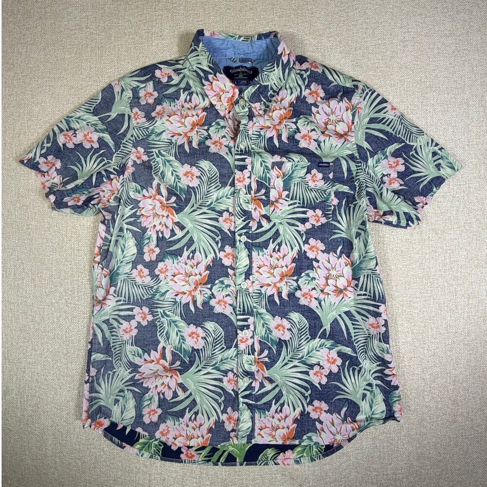 Chubbies Men Large Blue Big Bloomer Hawaiian Print Short Sleeve Beach Shirt